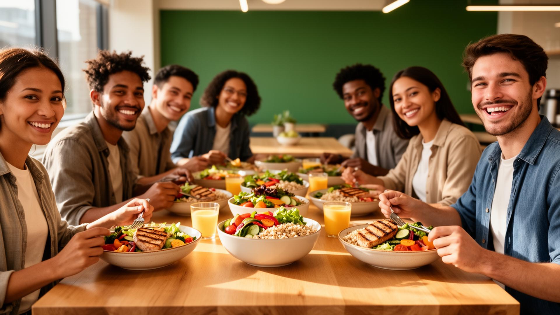 Een diverse groep internationale werknemers en collega's deelt samen verse, gezonde maaltijden aan een lichte gemeenschappelijke tafel.